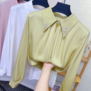 镶钻钉珠镂空尖领醋酸缎面衬衫女春秋新款气质长袖打底雪纺衫上衣