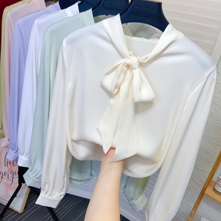 蝴蝶结系带醋酸缎面衬衫 上衣 女春秋新款 打底衬衣宽松垂感OL雪纺衫