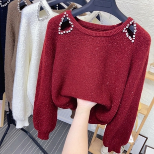 重工亮钻镂空露肩亮丝毛衣女装秋冬新款设计感镶钻打底针织衫上衣