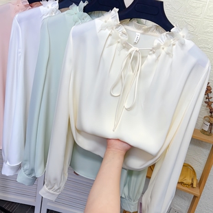 宽松打底雪纺衫 女春秋新款 上衣 衬衫 甜美木耳花边系带醋酸缎面长袖