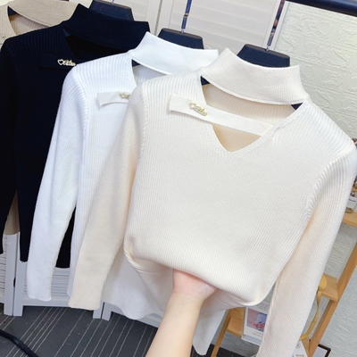 镂空半高领长袖针织打底衫女秋冬新款修身显瘦内搭外穿毛衣上衣