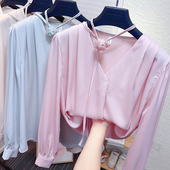 宽松垂感真丝雪纺衫 女春秋新款 醋酸缎面衬衫 立体花朵系带V领长袖