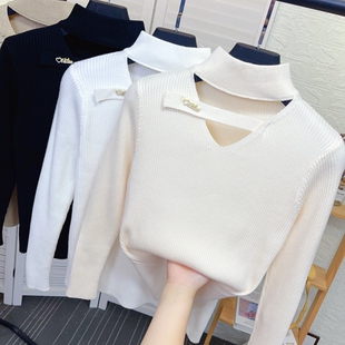 镂空挂脖半高领打底针织衫女装秋冬新款气质修身显瘦内搭毛衣上衣