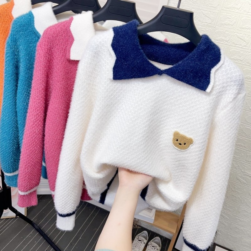 撞色娃娃领宽松水貂绒毛衣女秋冬季加厚保暖马海毛打底针织衫上衣