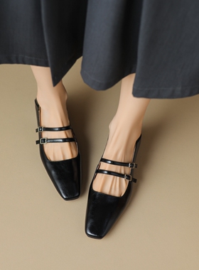 真皮法式复古玛丽珍鞋女春小众浅口方头粗跟一字带平底可踩跟单鞋