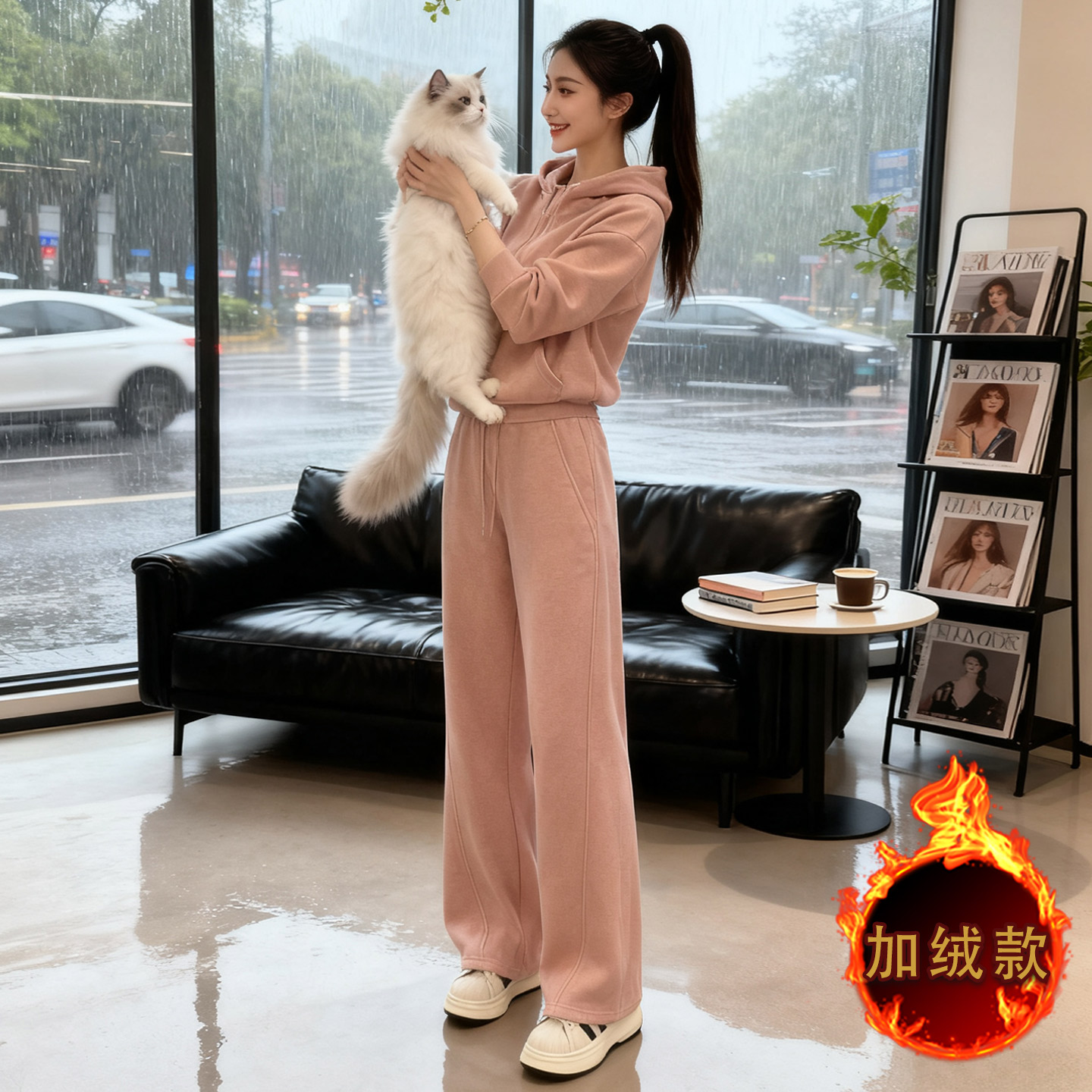 女秋冬新款加绒加厚时尚休闲百搭套装连帽卫衣系带阔腿裤两件套潮