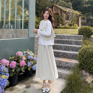 蝴蝶结马甲 现货2D078 衬衫 P185K268 压褶半裙3件套 T1942