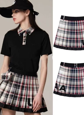 女士高尔夫球服韩国25春夏golf字标格子百褶半身裙防走光运动短裙