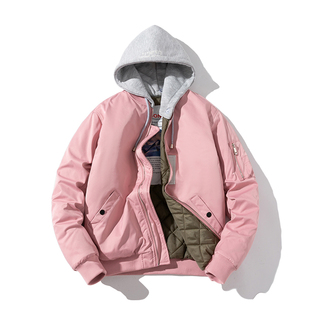 秋冬季纯色潮牌棒球棉服粉色飞行员夹克男女情侣加厚连帽棉衣外套
