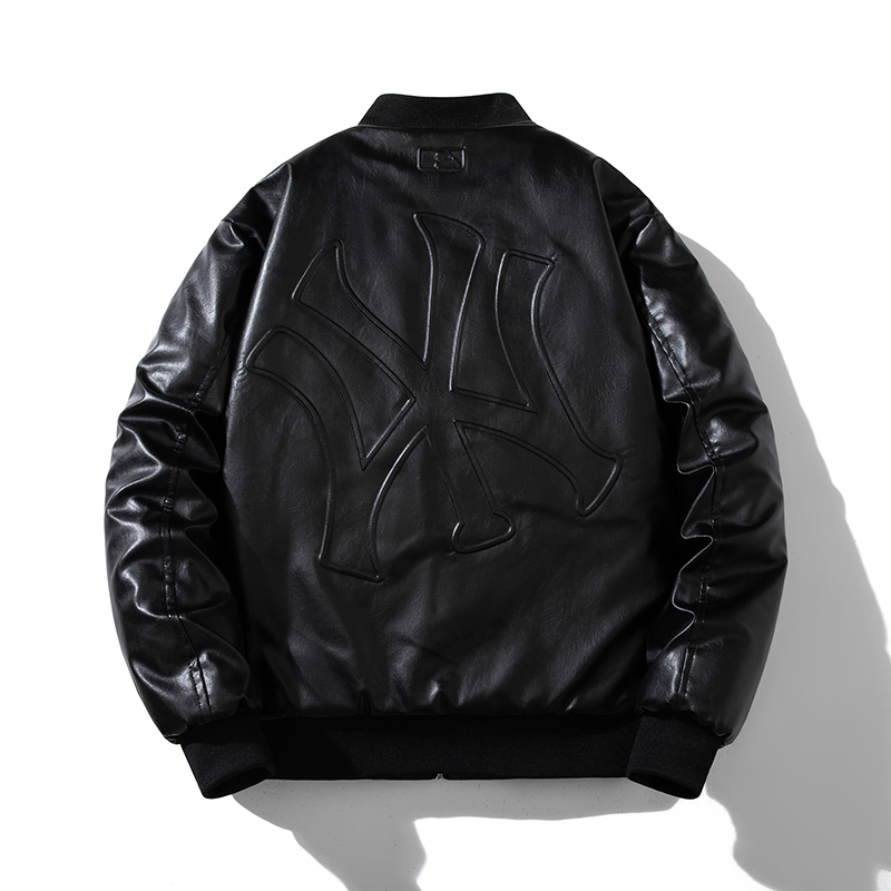 美式复古刺绣机车棉服皮衣男女秋冬宽松休闲百搭加厚PU皮夹克外套