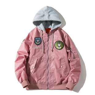 秋冬加厚粉色外套韩版连帽ma1飞行员夹克男女情侣潮牌棒球棉服潮