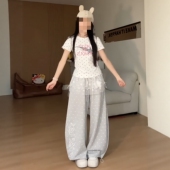 修身 少女感超韩系休闲运动服套装 阔腿裤 波点正肩短袖 两件套 女夏季