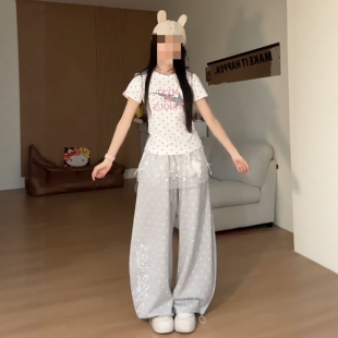 修身 少女感超韩系休闲运动服套装 阔腿裤 波点正肩短袖 两件套 女夏季