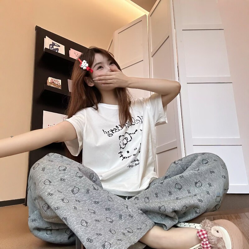 休闲运动服套装女夏季纯棉短袖T恤长裤甜美风可爱韩系宽松两件套