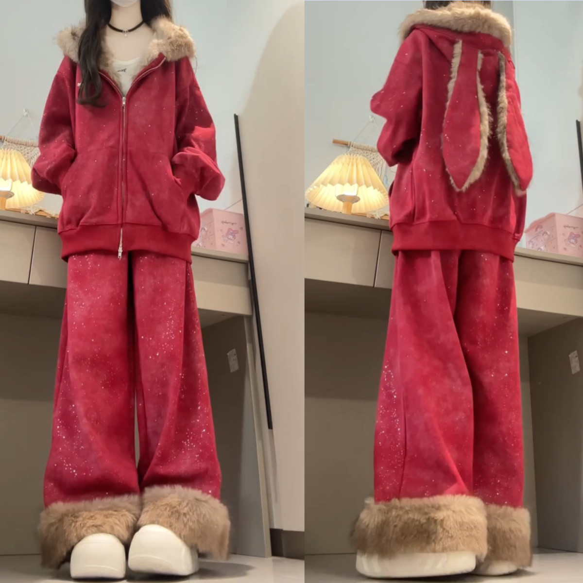 美式慵懒风休闲运动套装女秋冬兔耳朵毛领卫衣阔腿裤宽松两件套,女装/女士精品,休闲运动套装,淘宝优惠券,粉丝福利购,淘宝优惠卷