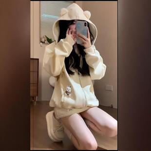 休闲运动服套装 连帽卫衣短裙可爱少女甜妹风宽松两件套 女春秋开衫