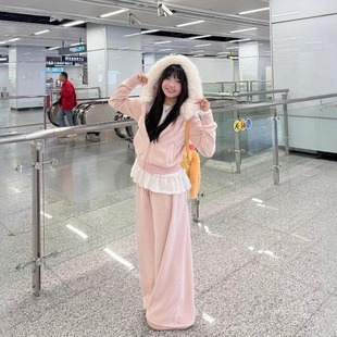 甜美减龄两件套 卫衣阔腿裤 学院风可爱休闲运动套装 女秋冬毛领开衫
