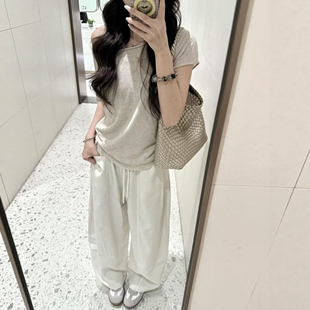 白色阔腿裤 斜肩短袖 宽松两件套 女夏季 松弛感老钱风休闲运动服套装