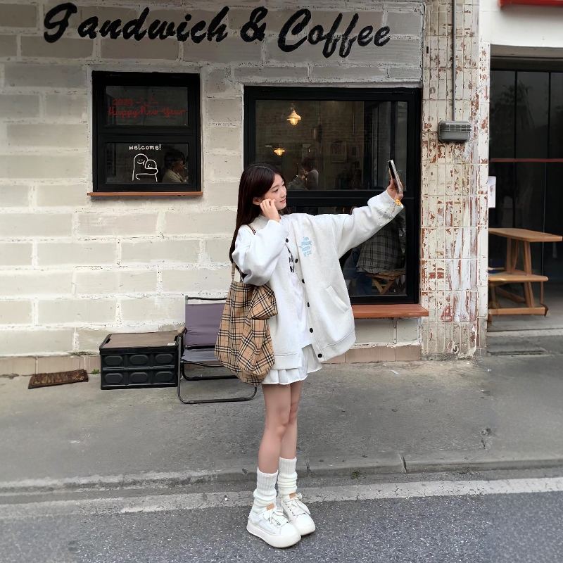 休闲运动服套装女春秋印花开衫卫衣短裙学院风韩系少女宽松两件套