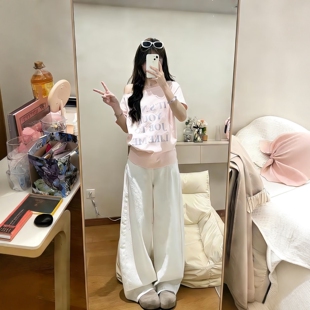 阔腿裤 宽松斜肩字母短袖 减龄两件套 女夏季 韩系甜妹休闲运动服套装