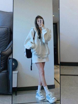 小个子休闲运动服套装女2023新款秋冬学生加绒加厚卫衣短裙两件套