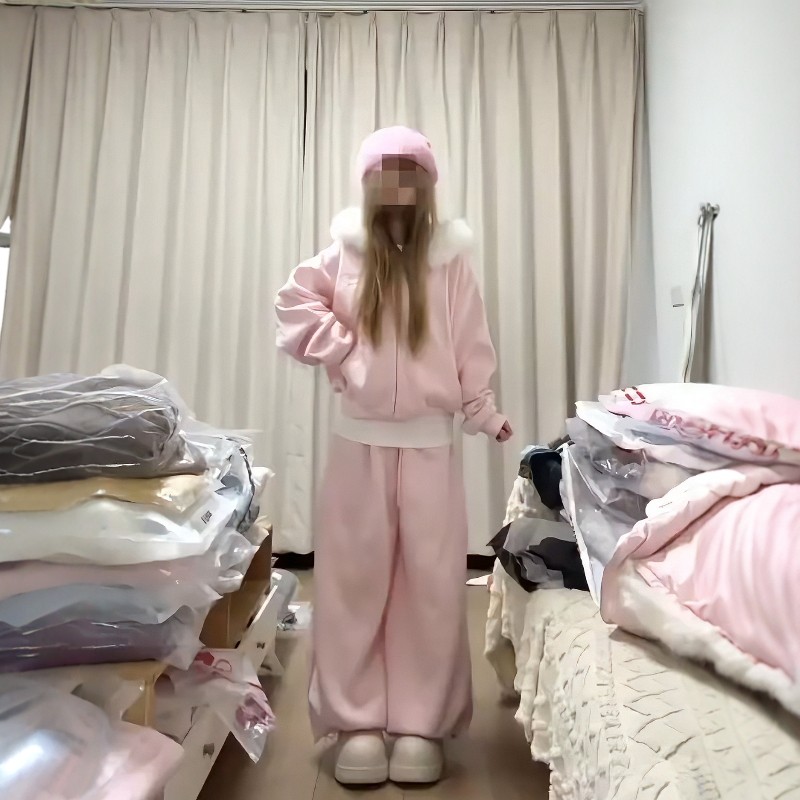 少女感慵懒休闲运动套装女秋冬毛领开衫卫衣外套阔腿裤气质两件套