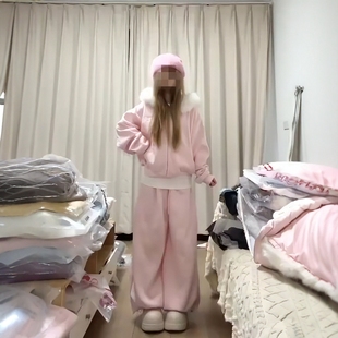 气质两件套 卫衣外套阔腿裤 少女感慵懒休闲运动套装 女秋冬毛领开衫