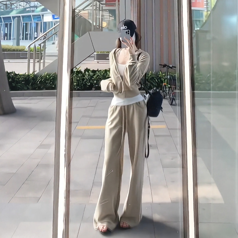 美式复古休闲运动服套装女秋冬短款开衫卫衣外套长裤少女感两件套