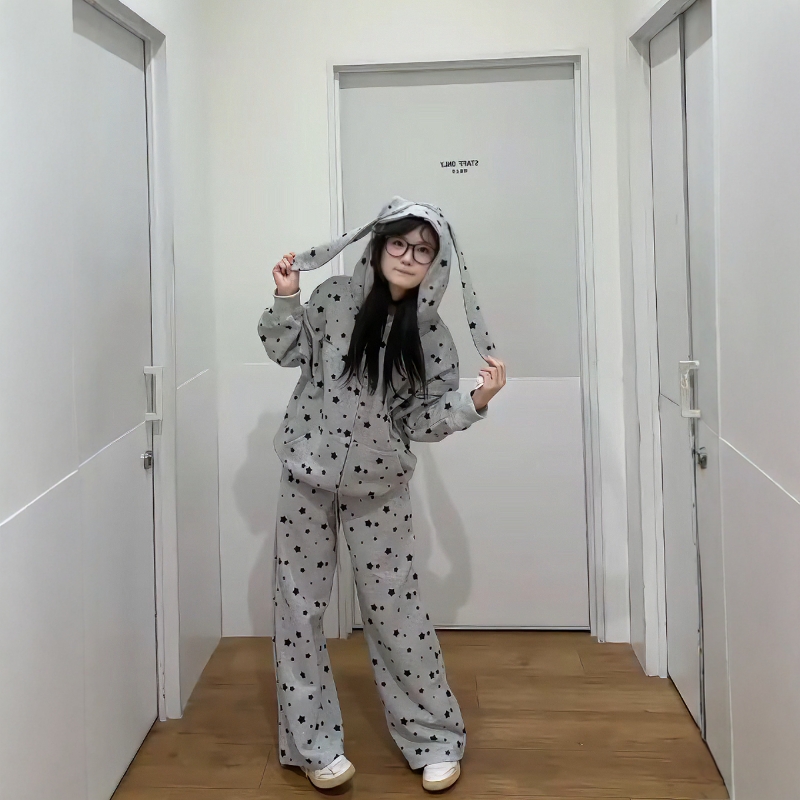 可爱少女休闲运动服套装秋冬兔耳朵长袖卫衣阔腿裤学生宽松两件套
