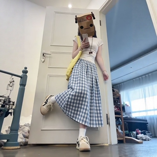 短袖 修身 蓝白格纹百褶长裙两件套 女夏季 韩系温柔风休闲运动服套装