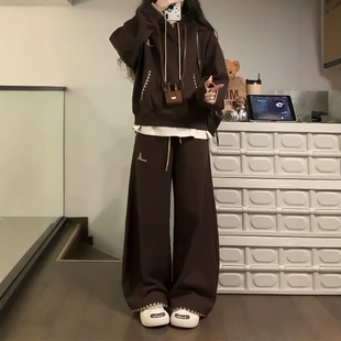 女秋冬连帽卫衣阔腿裤 复古休闲运动服套装 OOTD两件套 美式 2025新款
