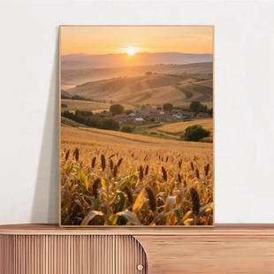 五行喜火土招财画客厅装饰画黄土高原麦浪日出旺运带框免装裱挂画