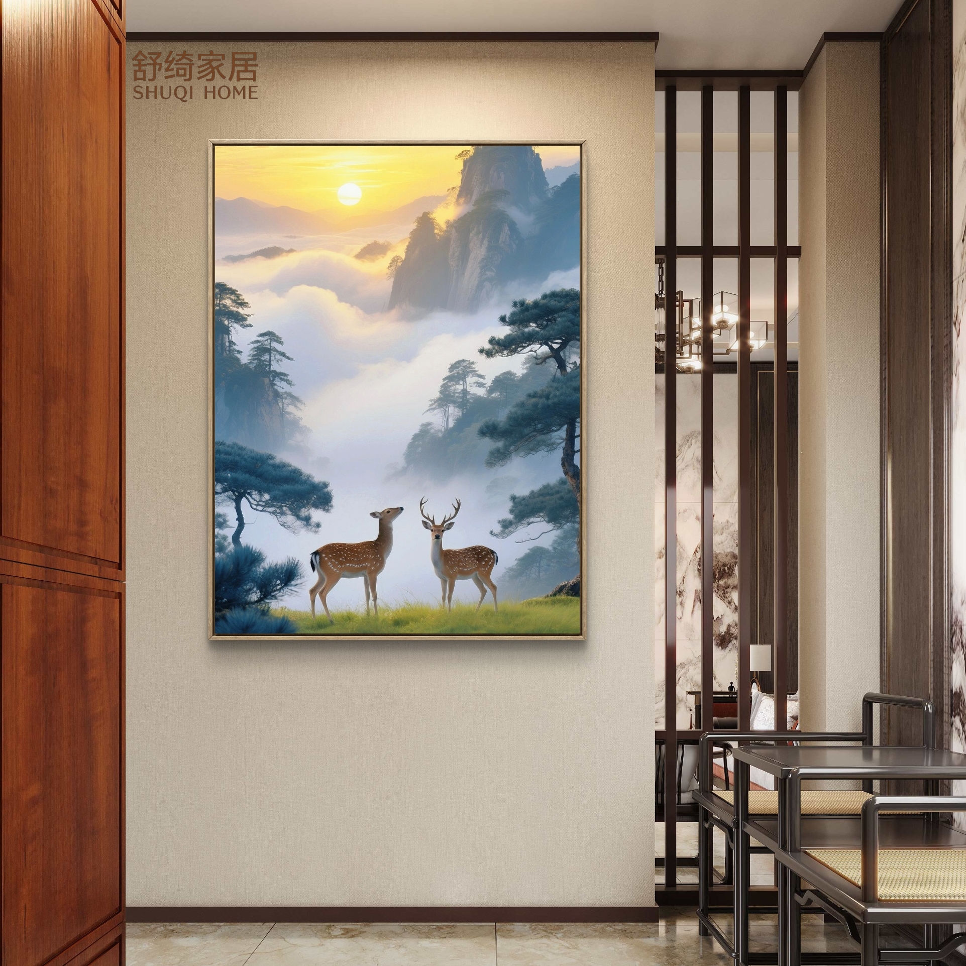 招财画福鹿添财喜木风水画办公室书房客厅装饰画高档挂画福寿安康图片