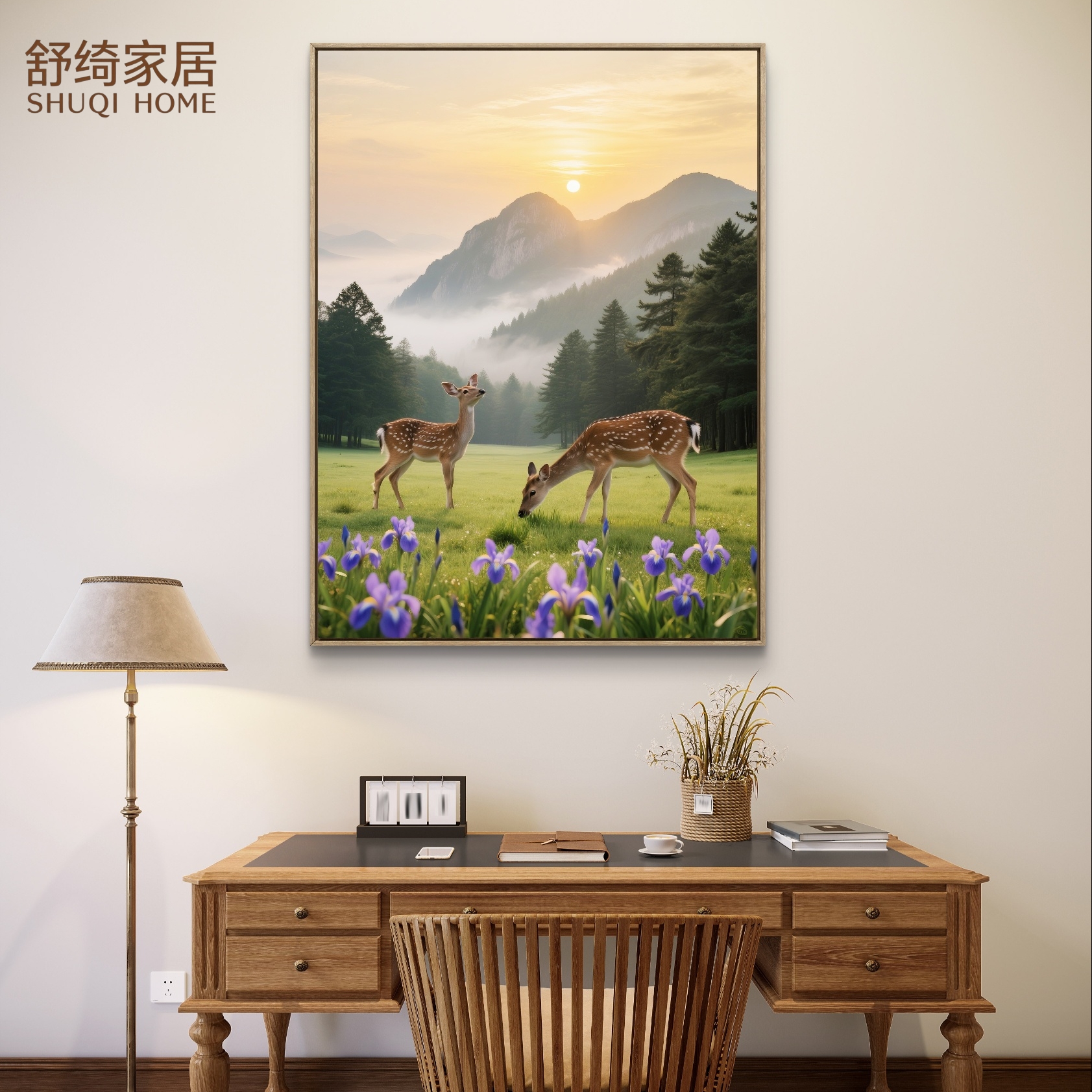 书房鹿日出挂画喜木火玄关装饰画卧室床头画玄关小鹿壁画福鹿送财图片