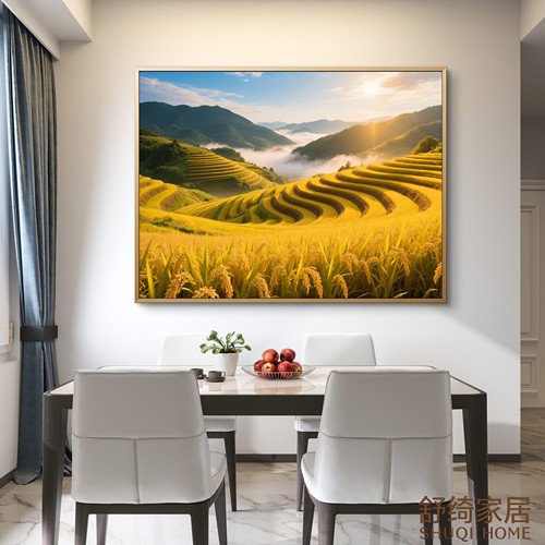 五谷丰登餐厅挂画金稻梯田客厅装饰画风景画喜土金吉祥风水画定制