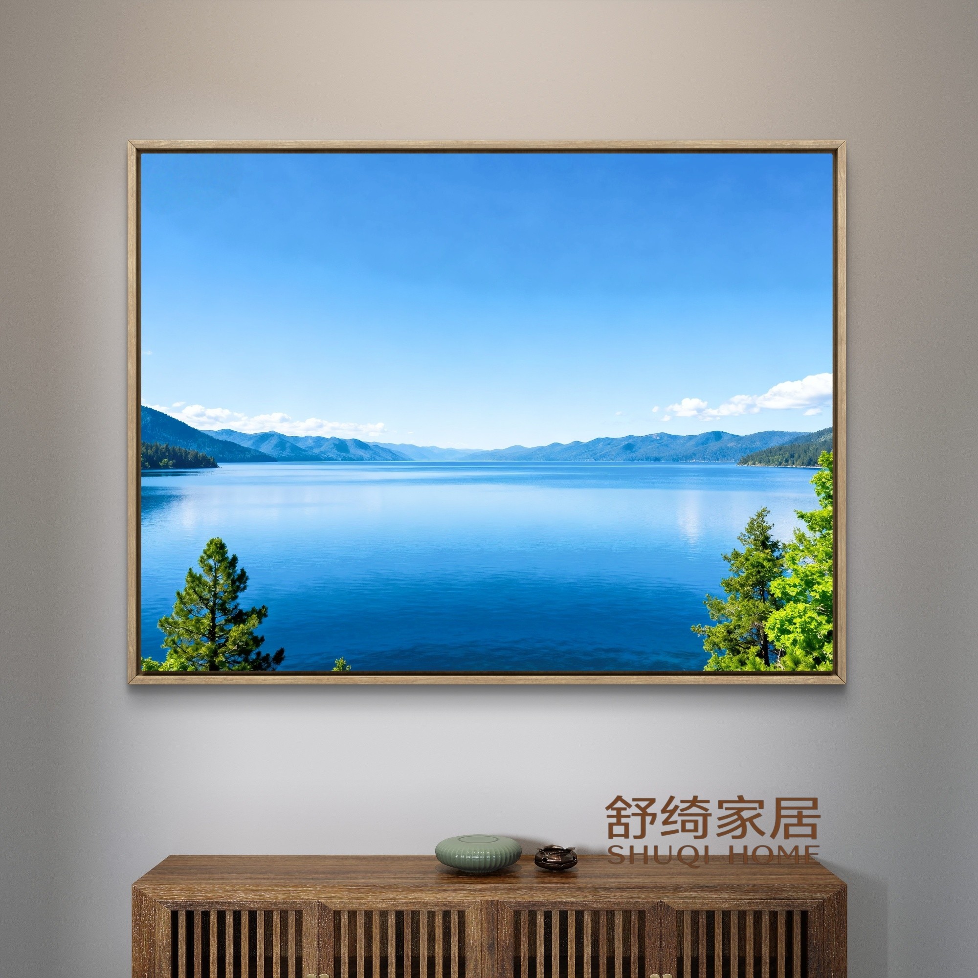 现代简约风景画碧湖蓝天玄关挂画现代装饰画