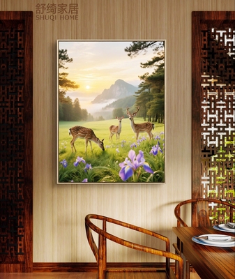 高级感餐厅装饰画山林日出福鹿招财画五行喜木火挂画福禄双全全国