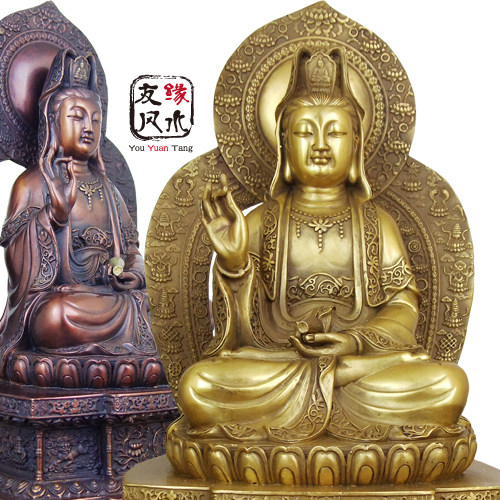 祥狮黄铜观音像观世音菩萨佛像摆件背光观音法相供奉家用招财