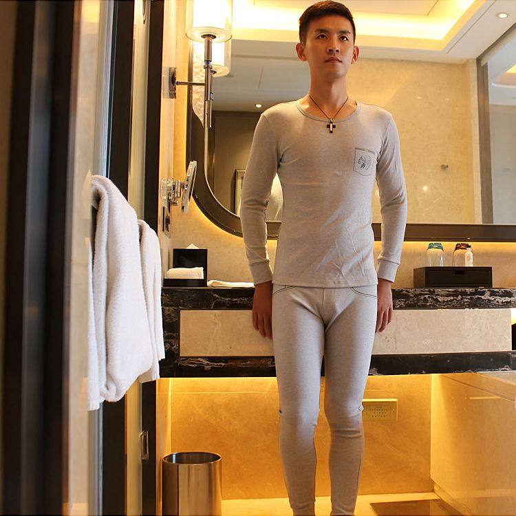 华杰龙男士保暖内衣套装纯棉打底低腰圆领薄款内衣男秋衣秋裤套装