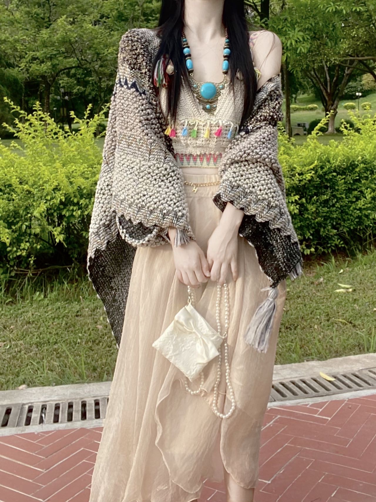 Real shot and real price Designed fairy suit retro ethnic style knitted shawl + suspender + skirt three-piece set