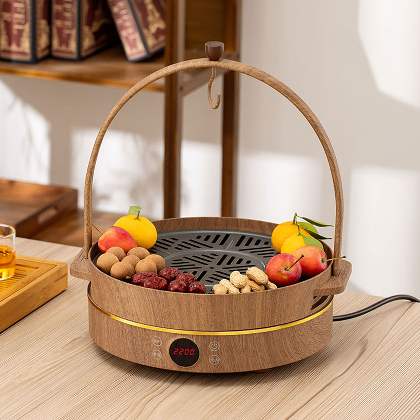 胡桃木圆形提梁围炉煮茶电陶炉