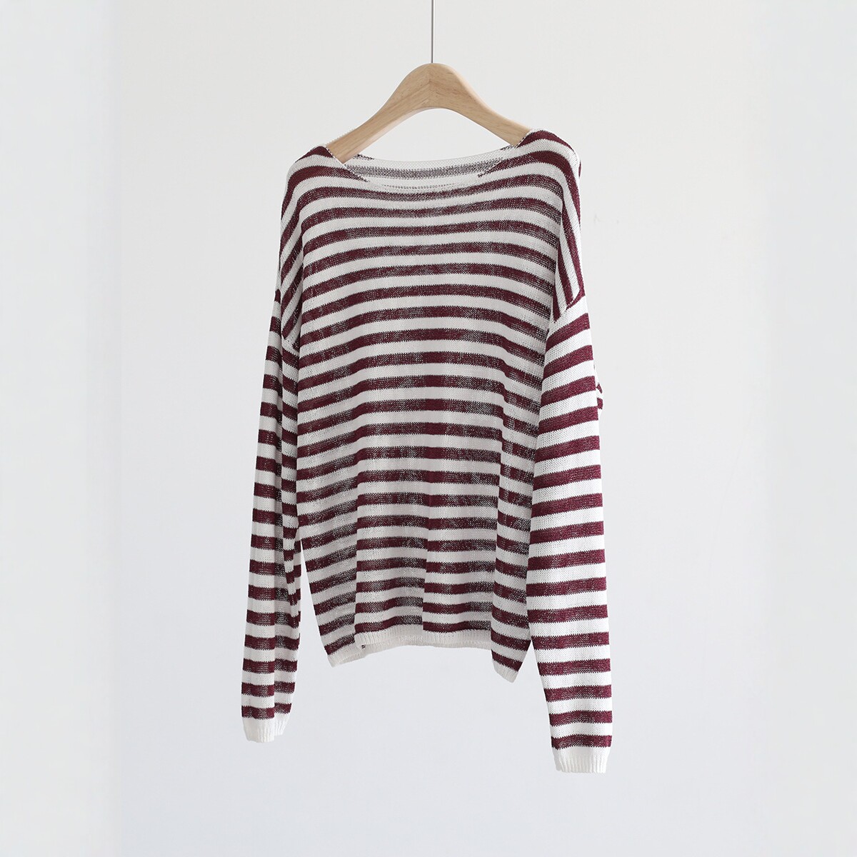 依格歌2026夏季凉感条纹T和纸纱清爽透气女一字领宽松防晒罩衫