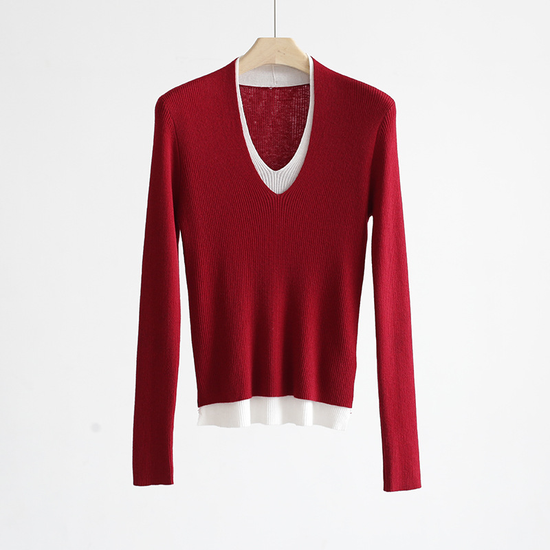 红色超细羊毛针织衫假两件V领拼色修身毛衣柔软亲肤双层打底衫,女装/女士精品,毛针织衫,淘宝优惠券,粉丝福利购,淘宝优惠卷
