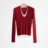 毛衣柔软亲肤双层打底衫 红色超细羊毛针织衫 假两件V领拼色修身