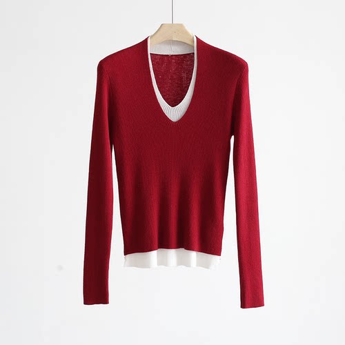 羊毛V领套头拼色假两件针织衫