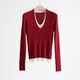 毛衣柔软亲肤双层打底衫 红色超细羊毛针织衫 假两件V领拼色修身