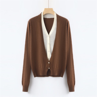 针织衫 通勤女装 细羊毛假两件毛衣时髦V领拼色开衫 外贸原单春秋季