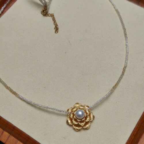 Q786淡水ak花托彩萤石小珍珠55cm项链钛钢扣