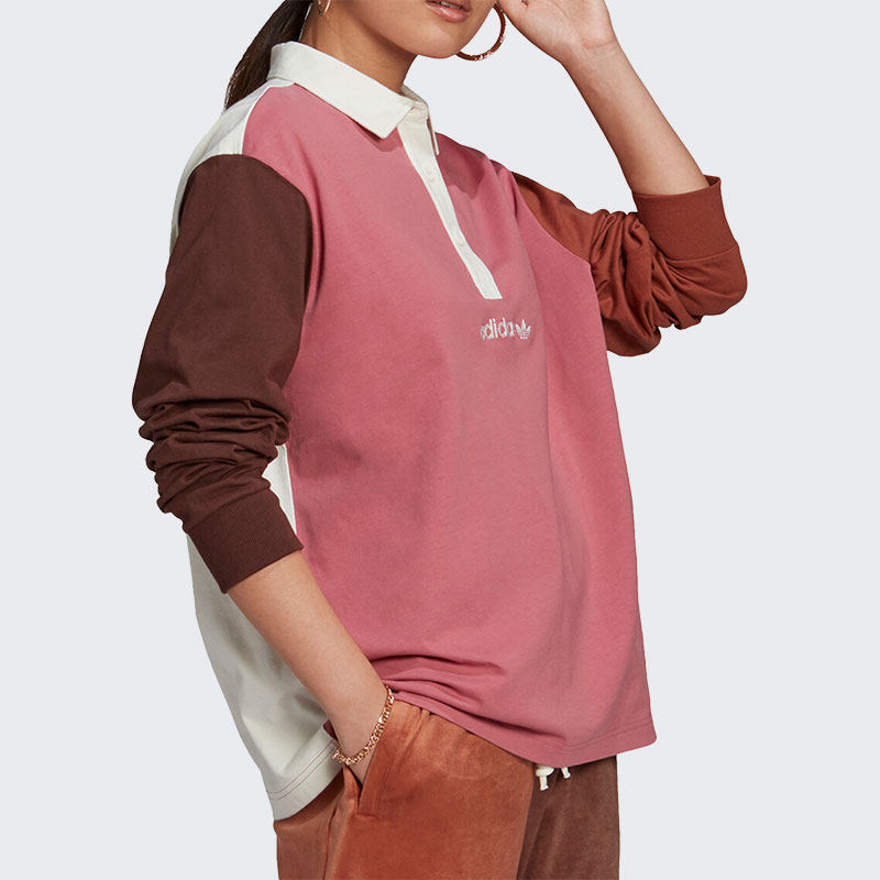 Adidas/阿迪达斯正品三叶草女拼接撞色立领POLO衫长袖卫衣 H33328