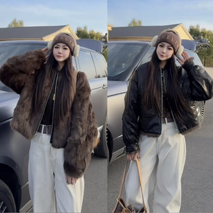 立领油蜡皮兔毛一体双面穿皮草夹克潮 真皮皮衣女短款 2025冬季 新款